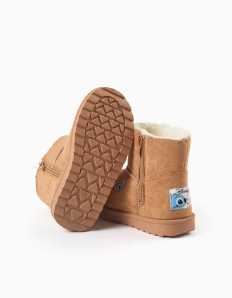 Botins com forro de pelo e estampados Stitch para menina, camel