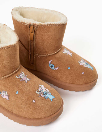Botins com forro de pelo e estampados Stitch para menina, camel