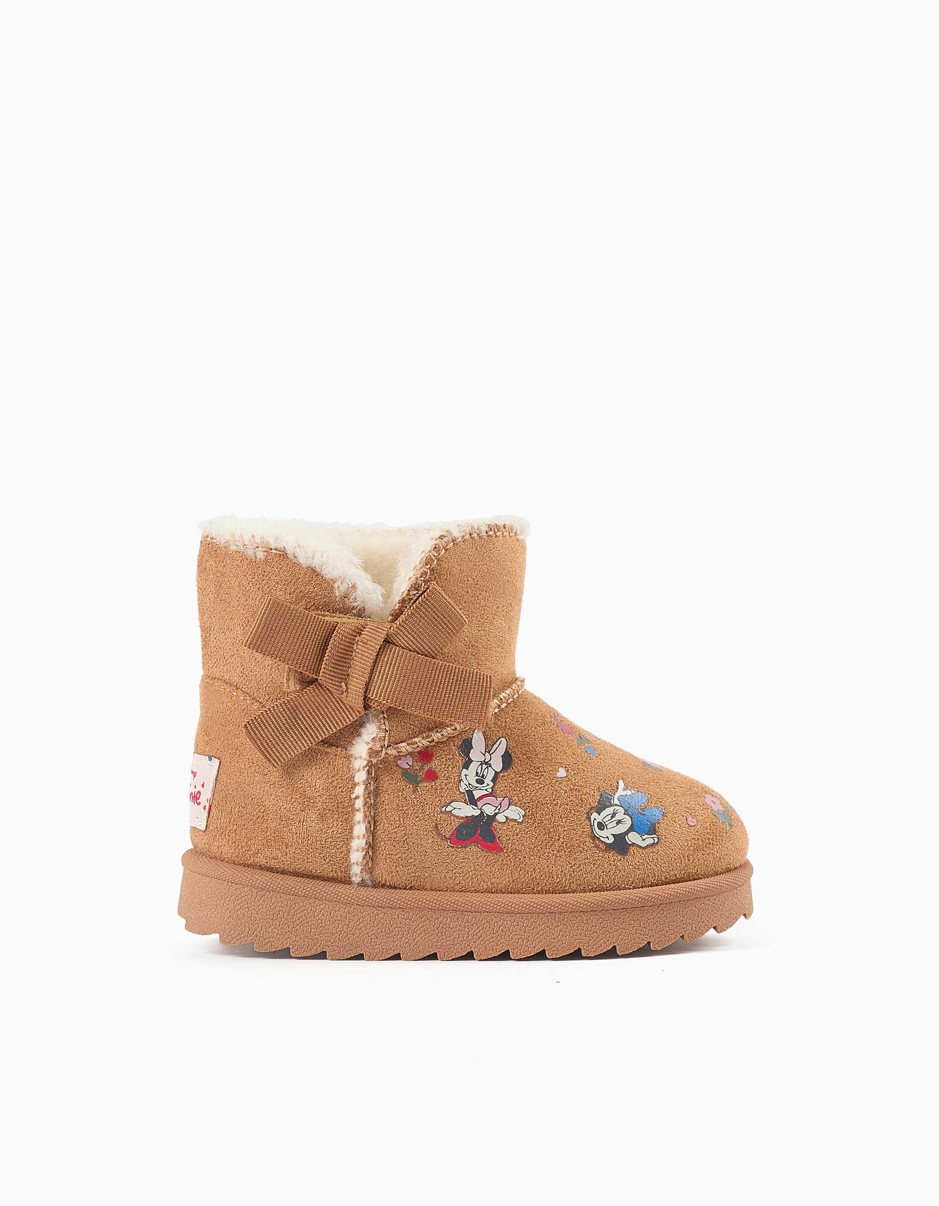 Botins com forro de pelo e estampados Minnie para bebé menina, camel