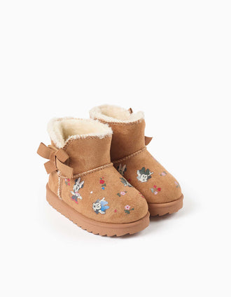 Botins com forro de pelo e estampados Minnie para bebé menina, camel
