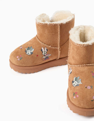 Botins com forro de pelo e estampados Minnie para bebé menina, camel