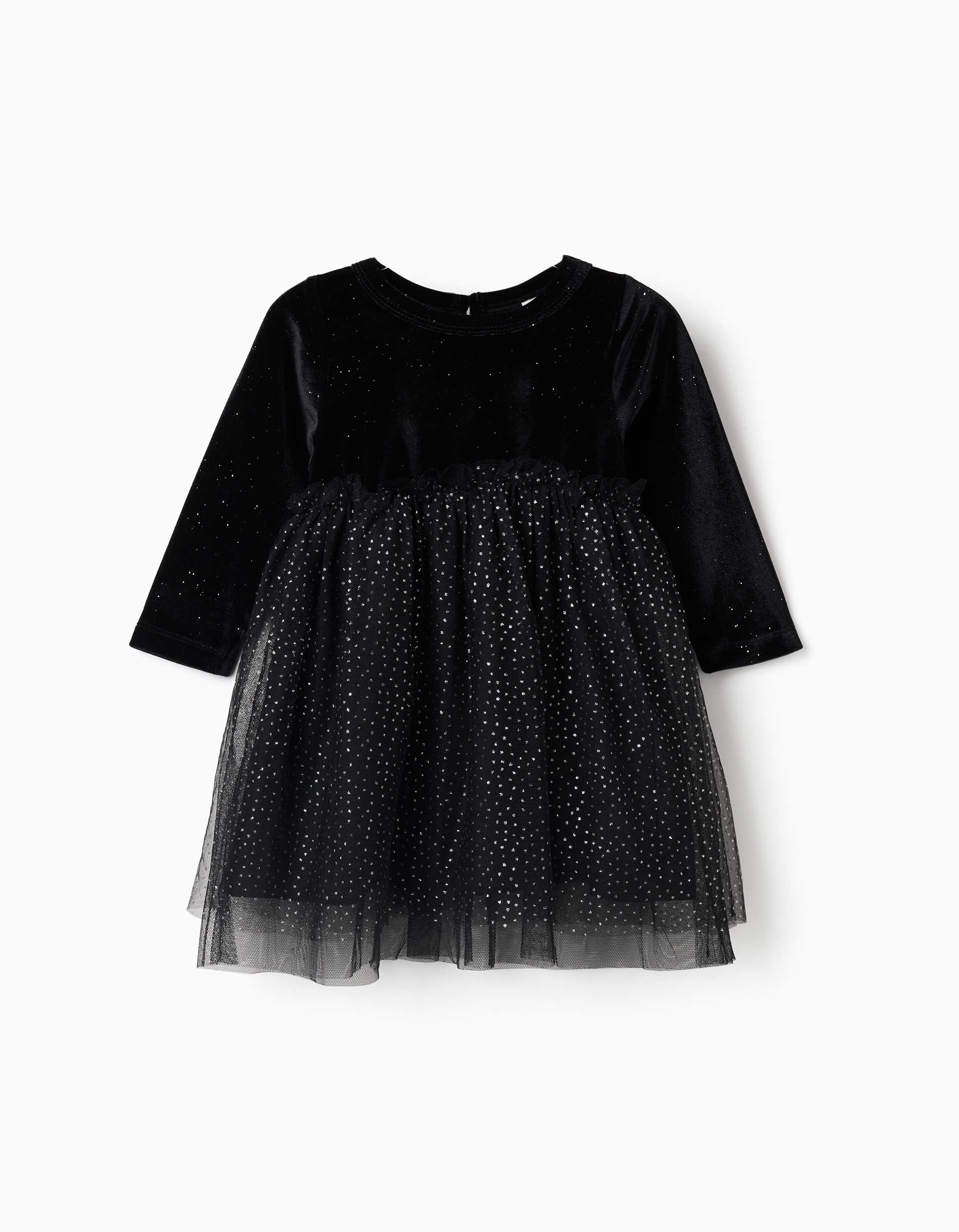 Long sleeve velvet and tulle dress with lurex for baby girls, black