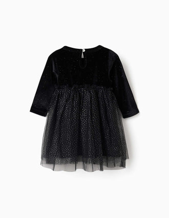 Long sleeve velvet and tulle dress with lurex for baby girls, black