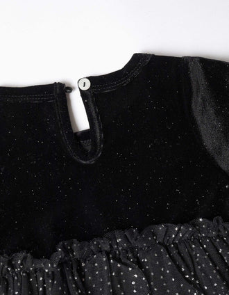 Long sleeve velvet and tulle dress with lurex for baby girls, black