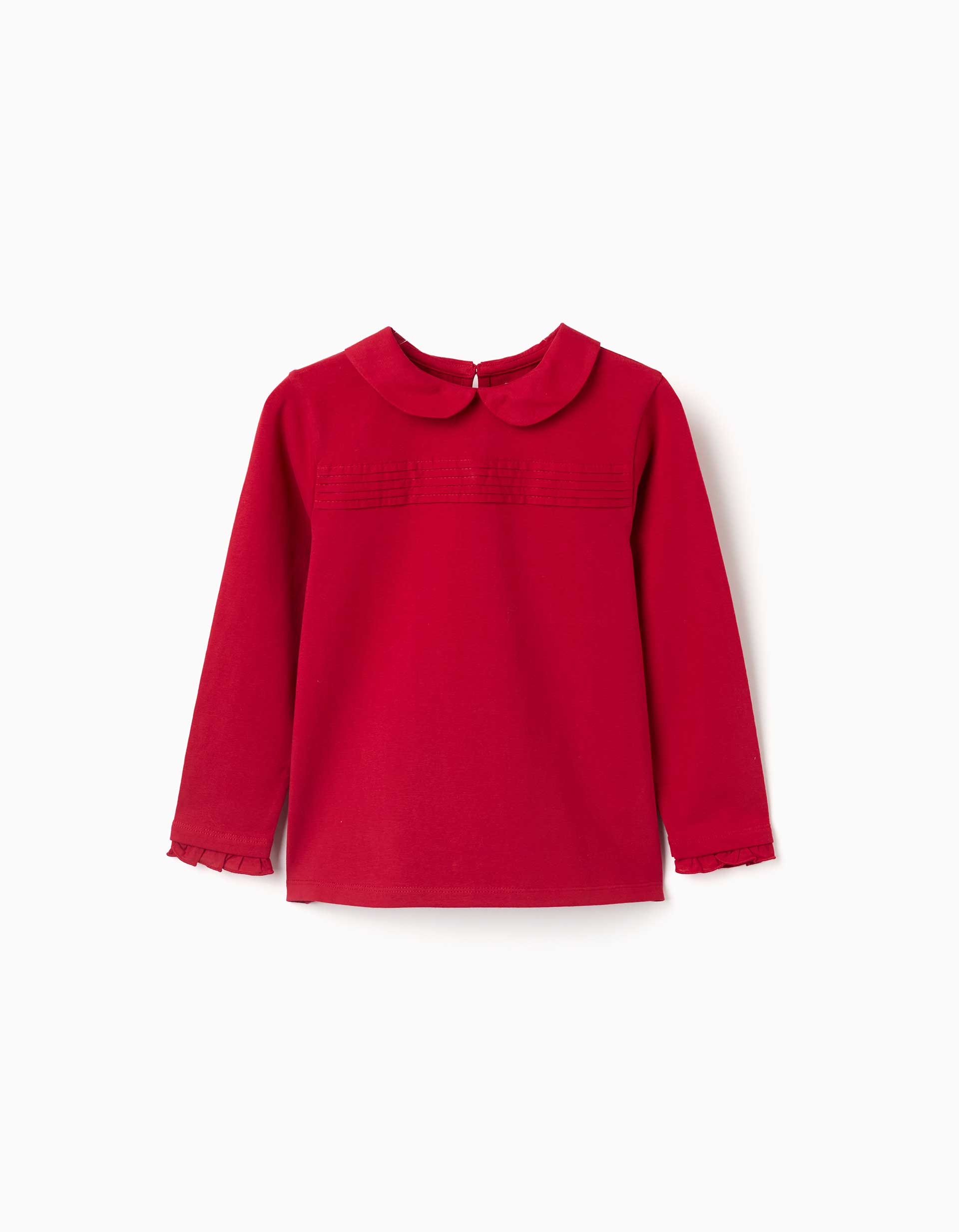 Long sleeve cotton T-shirt with front pleats for girls, red