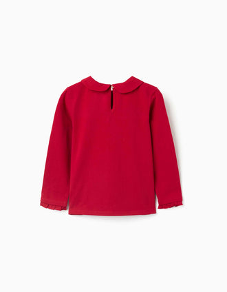 Long sleeve cotton T-shirt with front pleats for girls, red