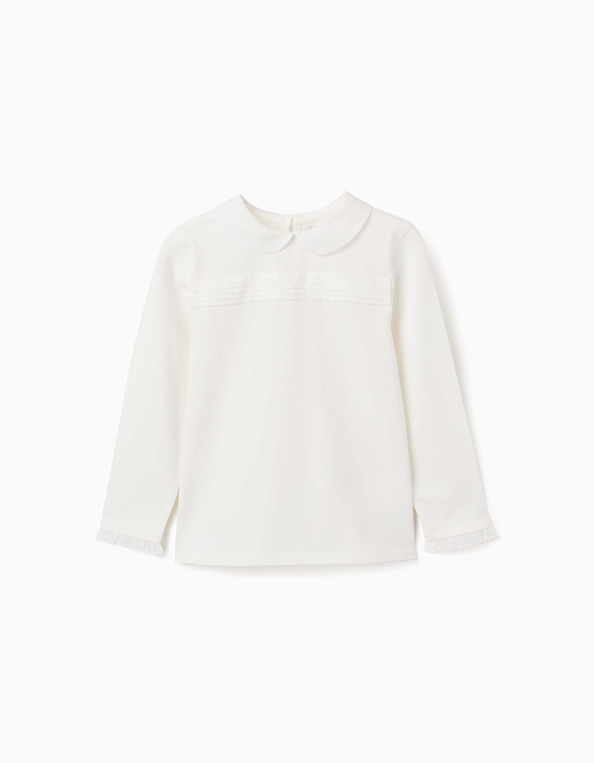 Long sleeve cotton T-shirt with front pleats for girls, white