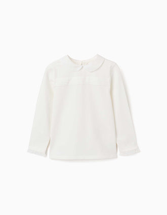 Long sleeve cotton T-shirt with front pleats for girls, white