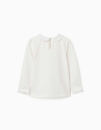 Long sleeve cotton T-shirt with front pleats for girls, white