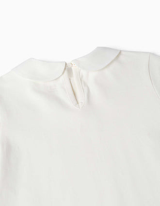 Long sleeve cotton T-shirt with front pleats for girls, white