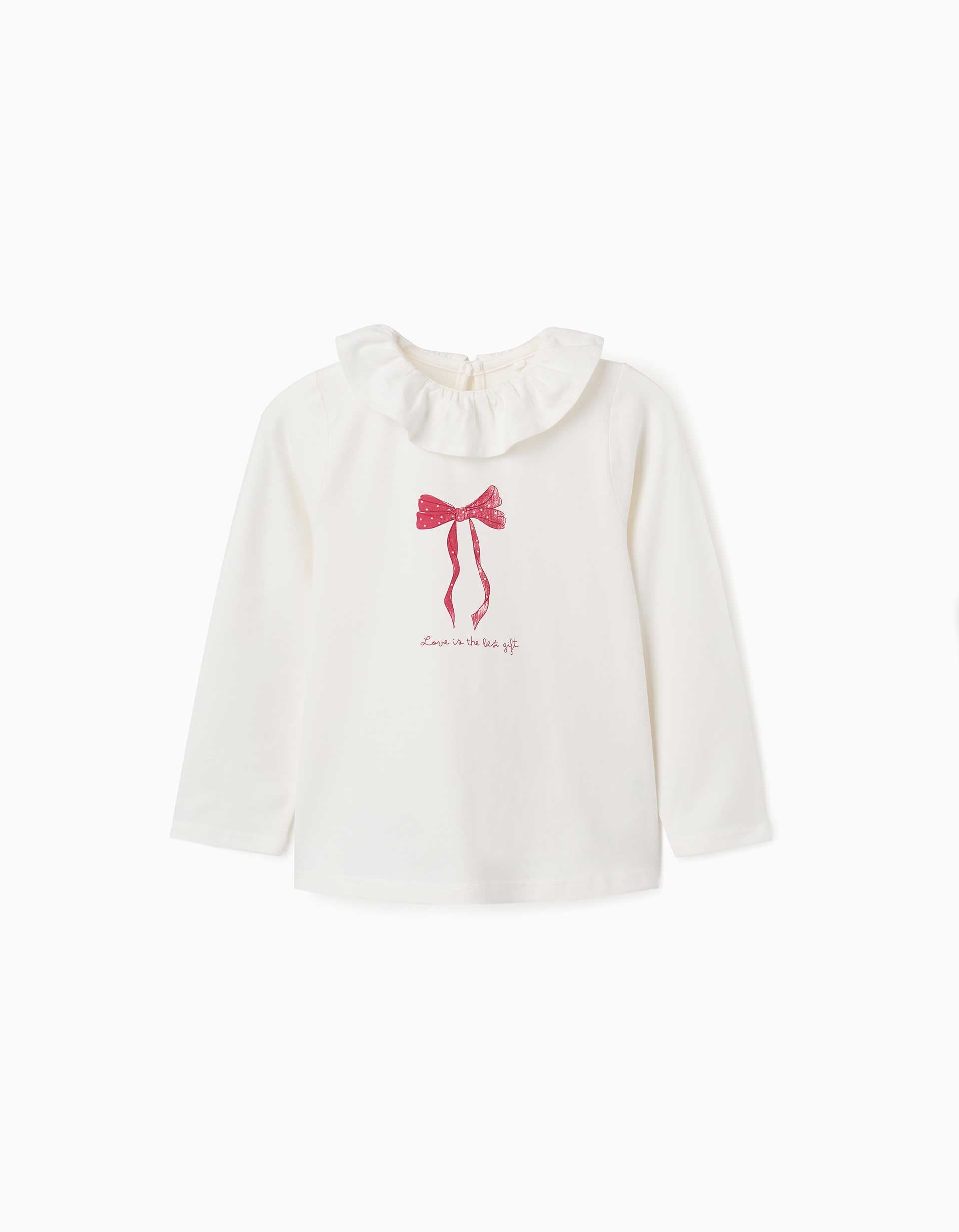 Long sleeve cotton T-shirt with printed bow for girls, white