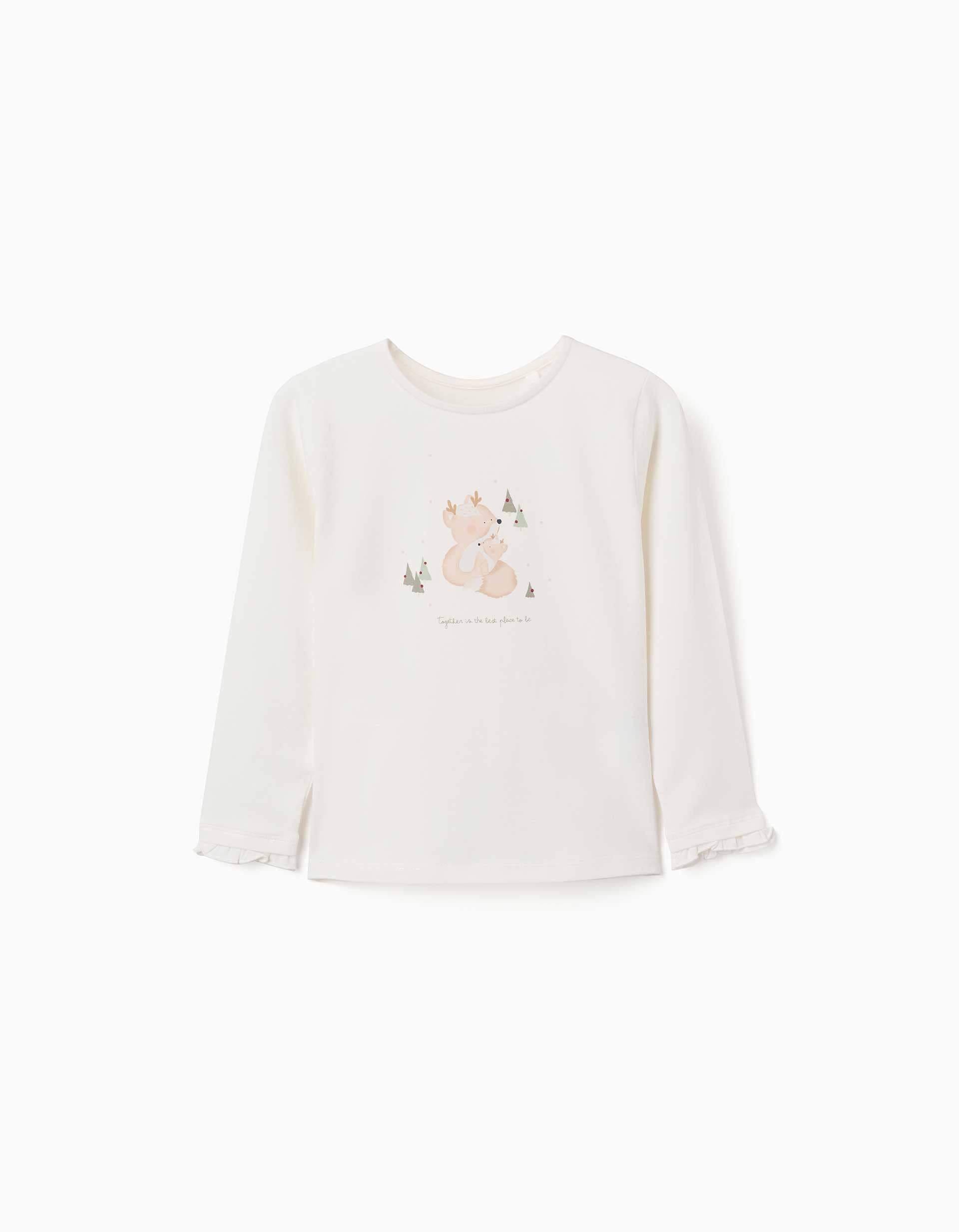 Long sleeve cotton T-shirt with printed reindeers for girls, white