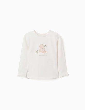 Long sleeve cotton T-shirt with printed reindeers for girls, white