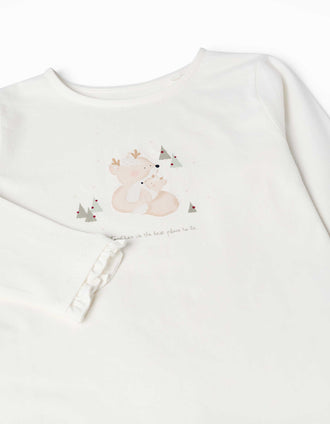 Long sleeve cotton T-shirt with printed reindeers for girls, white