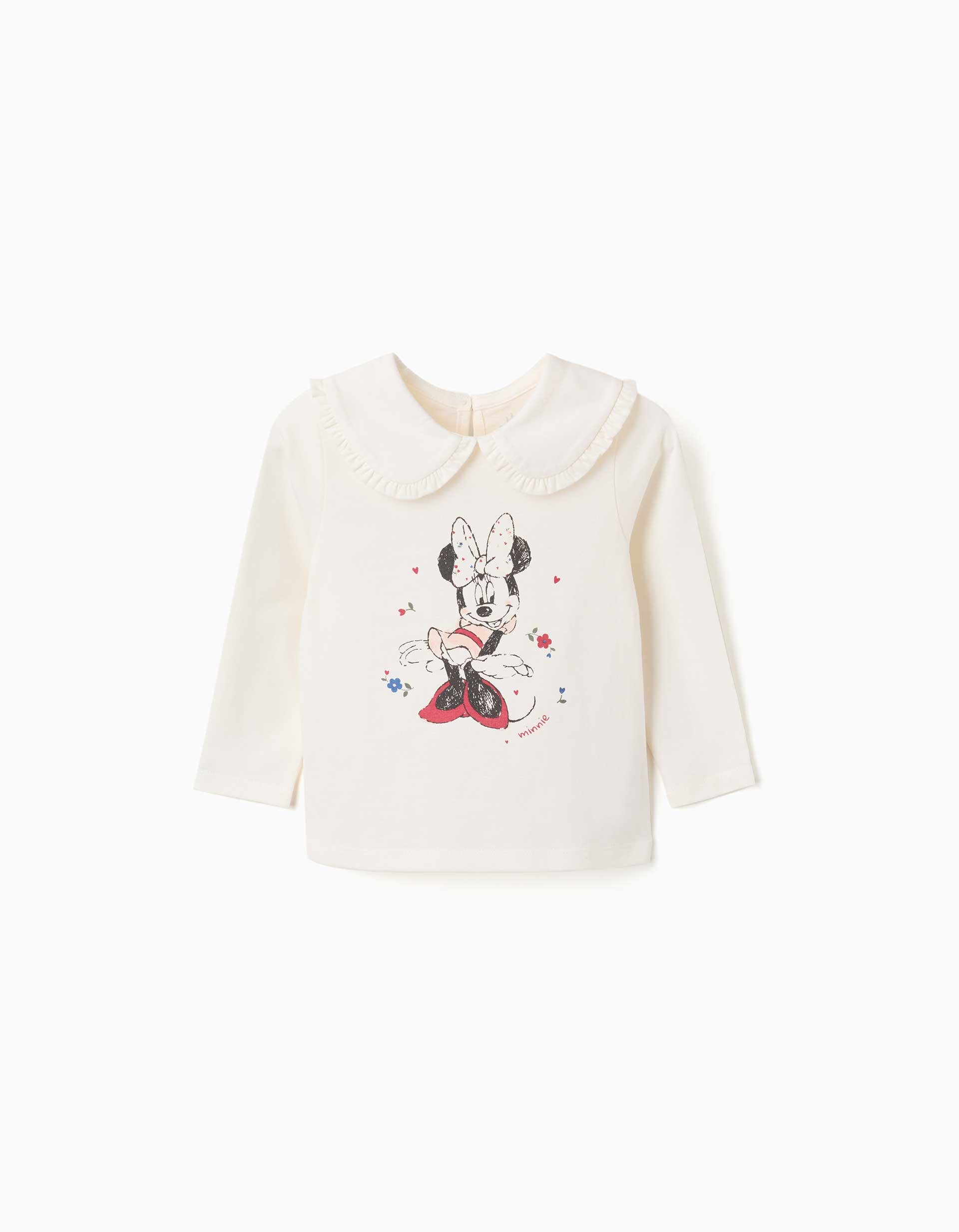 T-shirt de manga comprida de algodão Minnie para bebé menina, branco