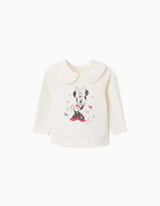 T-shirt de manga comprida de algodão Minnie para bebé menina, branco