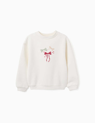 Brushed sweatshirt with printed bows and stars for girls, white