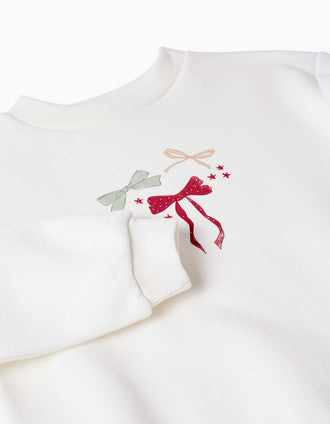Brushed sweatshirt with printed bows and stars for girls, white