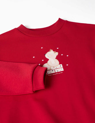 Brushed sweatshirt with printed animal for girls, red