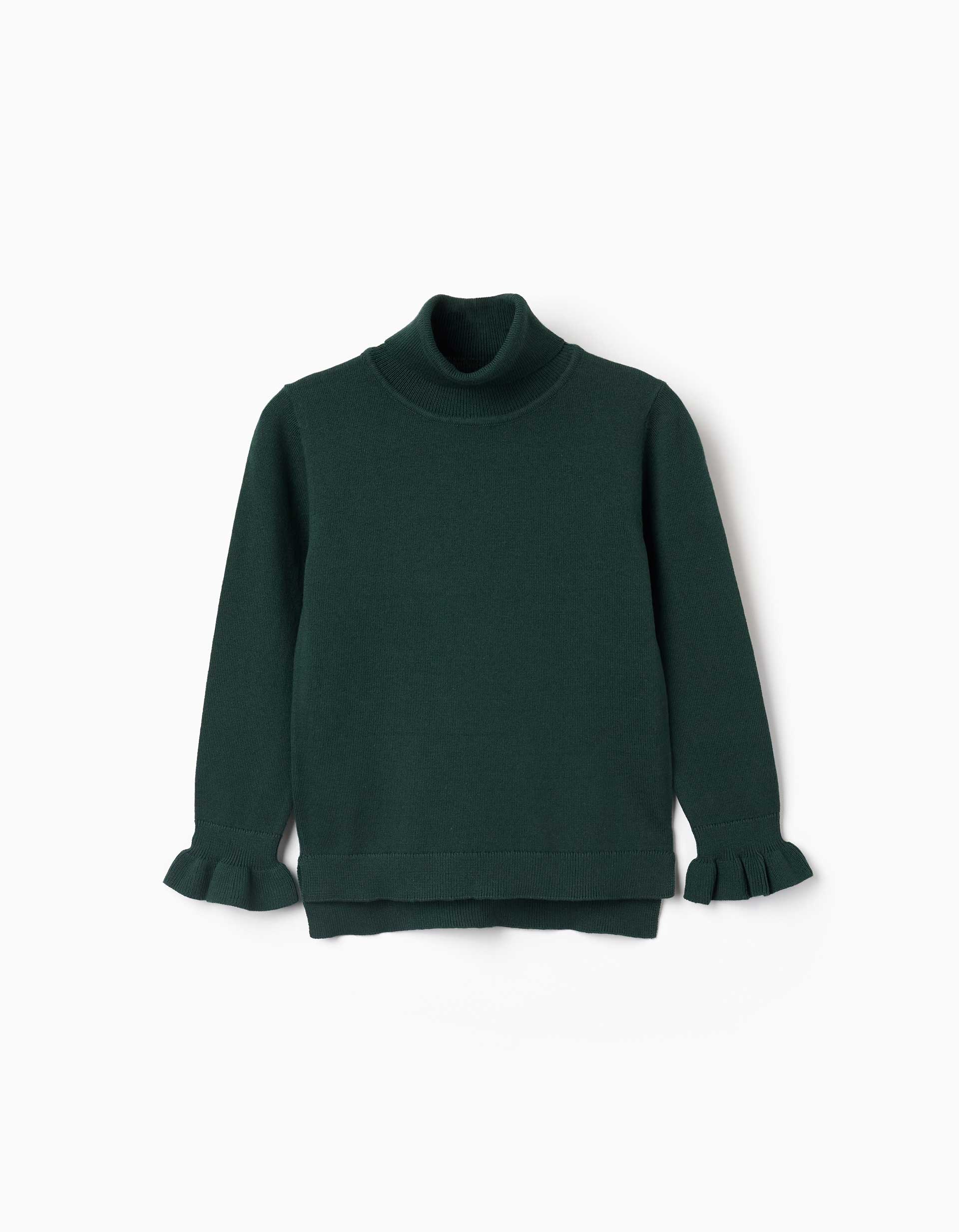 Jersey de cuello alto con puños con volantes para niña, verde oscuro