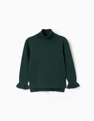 Jersey de cuello alto con puños con volantes para niña, verde oscuro