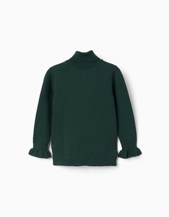Jersey de cuello alto con puños con volantes para niña, verde oscuro