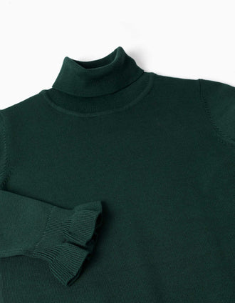 Jersey de cuello alto con puños con volantes para niña, verde oscuro