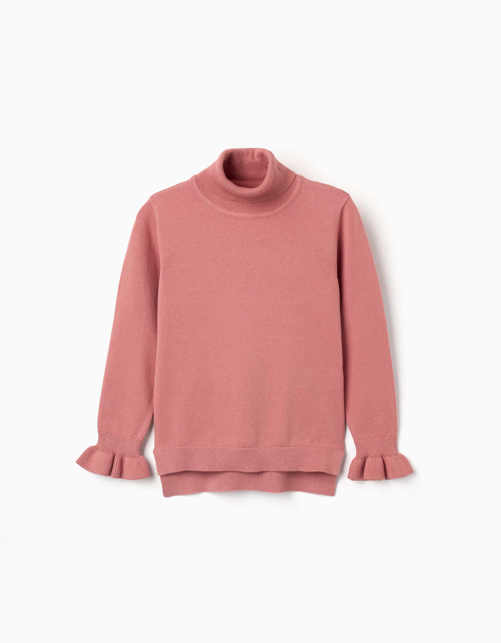 Jersey de cuello alto con puños con volantes para niña, rosa empolvado