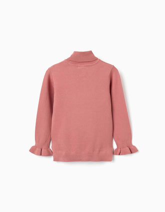 Jersey de cuello alto con puños con volantes para niña, rosa empolvado