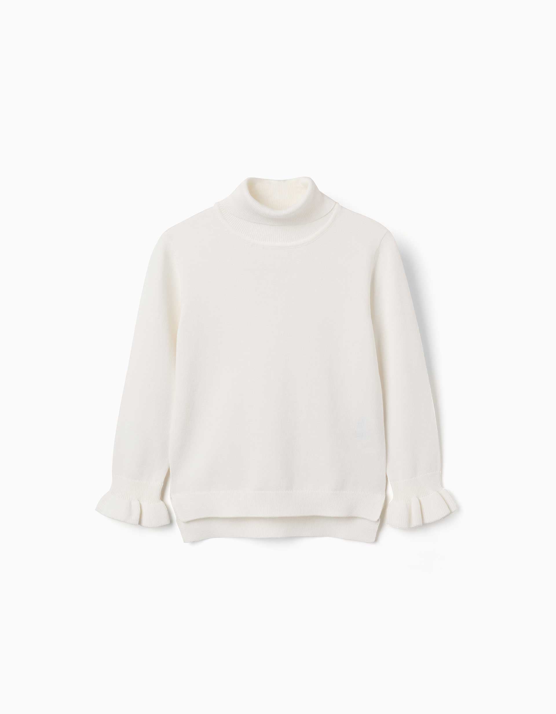 Jersey de cuello alto con puños con volantes para niña, blanco