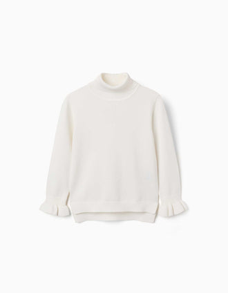 Jersey de cuello alto con puños con volantes para niña, blanco
