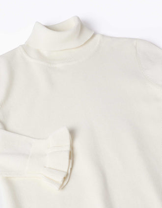 Jersey de cuello alto con puños con volantes para niña, blanco