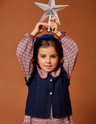 Cable knit vest with ruffles for girls, navy blue