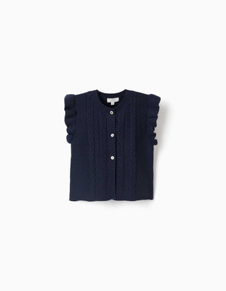 Cable knit vest with ruffles for girls, navy blue