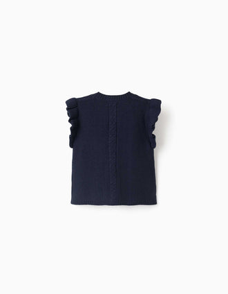 Cable knit vest with ruffles for girls, navy blue