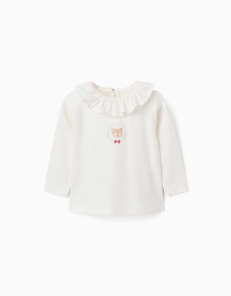 Long sleeve cotton T-shirt with printed reindeer for baby girls, white
