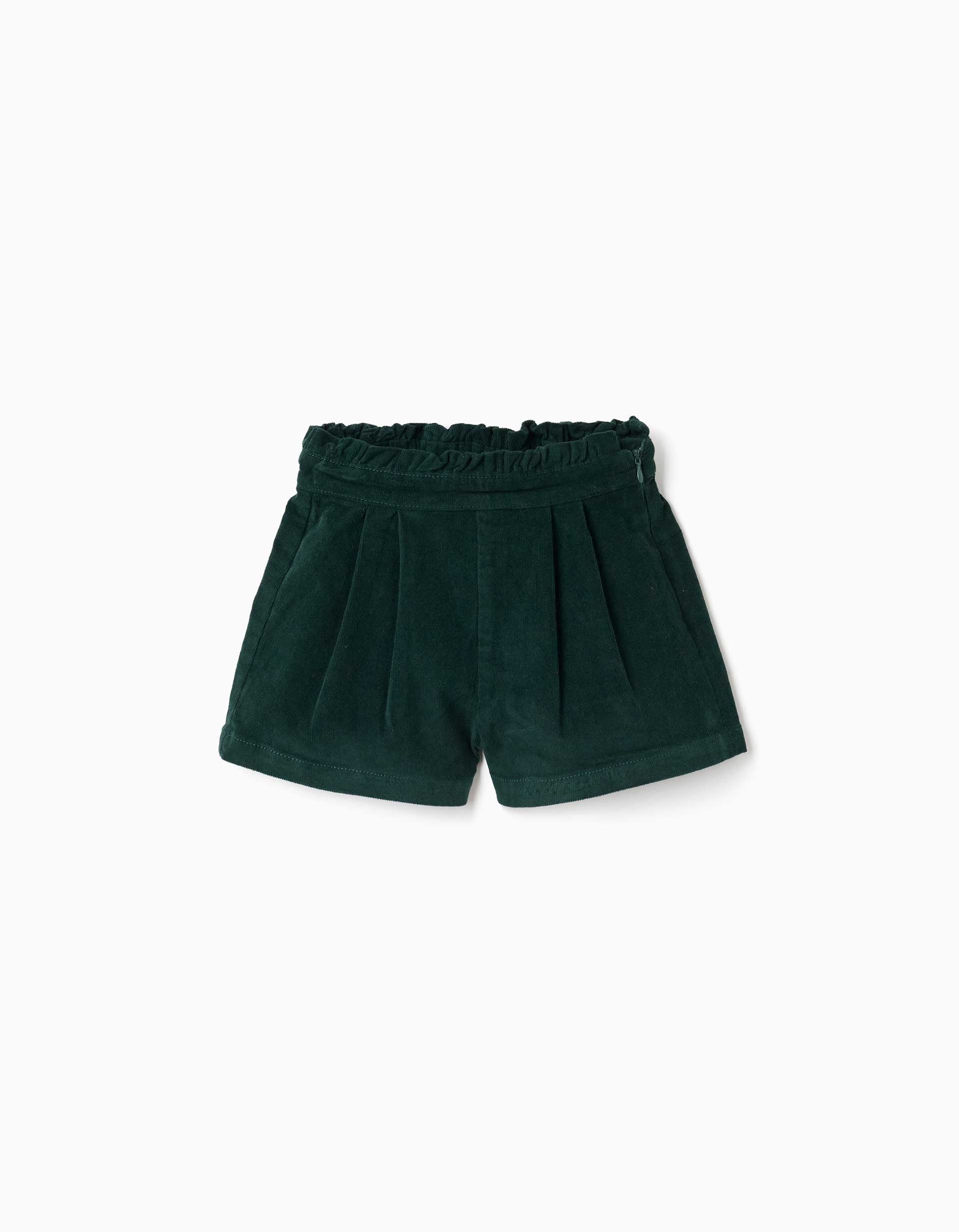 Corduroy shorts with front pleats for baby girls, dark green