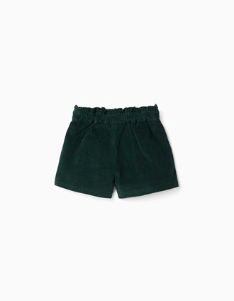 Corduroy shorts with front pleats for baby girls, dark green