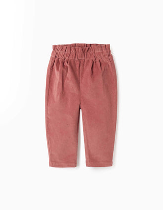 Corduroy trousers with ruffled paperbag waist for baby girls, dark pink