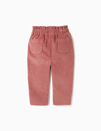 Corduroy trousers with ruffled paperbag waist for baby girls, dark pink