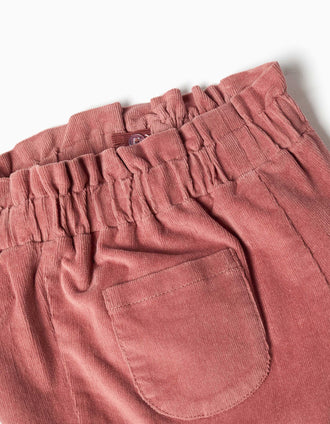 Corduroy trousers with ruffled paperbag waist for baby girls, dark pink
