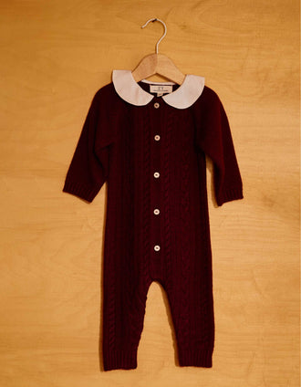 Long sleeve romper in a wool blend You&Me for newborn boys, dark red