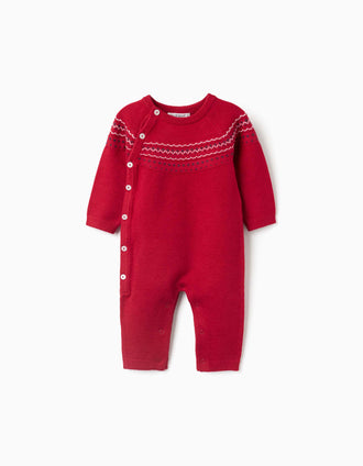 Long sleeve knitted romper with jacquard for newborns, red