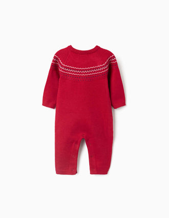 Long sleeve knitted romper with jacquard for newborns, red