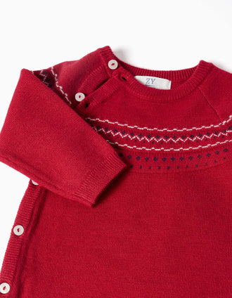 Long sleeve knitted romper with jacquard for newborns, red