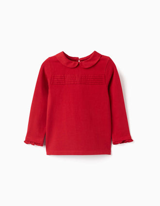 Long sleeve cotton T-shirt with front pleats for baby girls, red