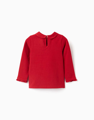 Long sleeve cotton T-shirt with front pleats for baby girls, red
