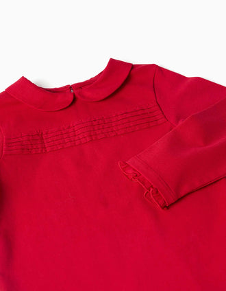 Long sleeve cotton T-shirt with front pleats for baby girls, red