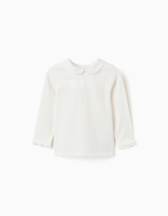 Long sleeve cotton T-shirt with front pleats for baby girls, white