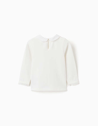 Long sleeve cotton T-shirt with front pleats for baby girls, white